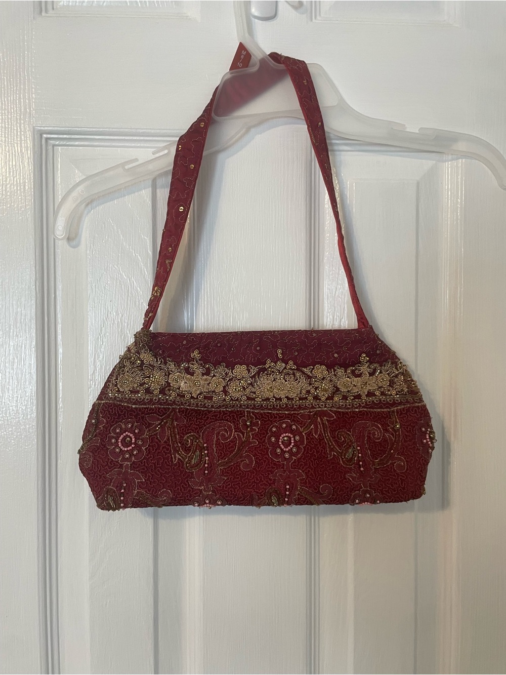 Handmade Vintage Beaded Embellished Red Evening Shoulder Bag Red Gold Floral